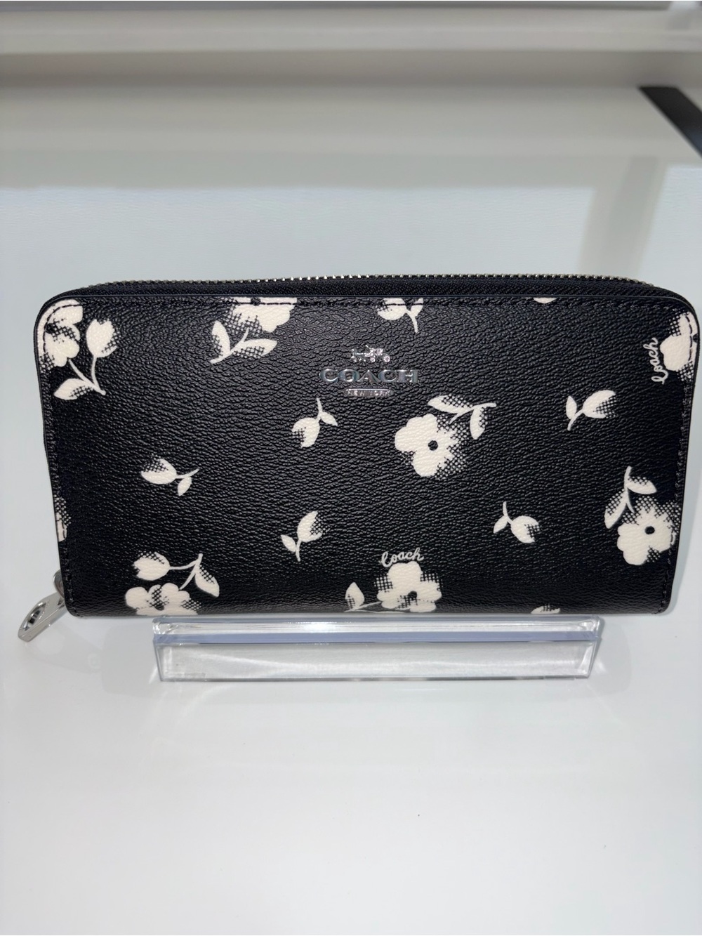 Coach Black and White Floral Zip-Around Wallet